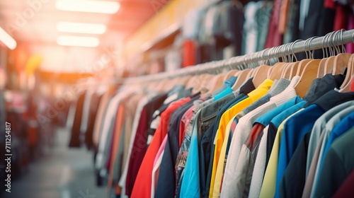 Blurred view of colorful second-hand items for sale at a local charity shop photo