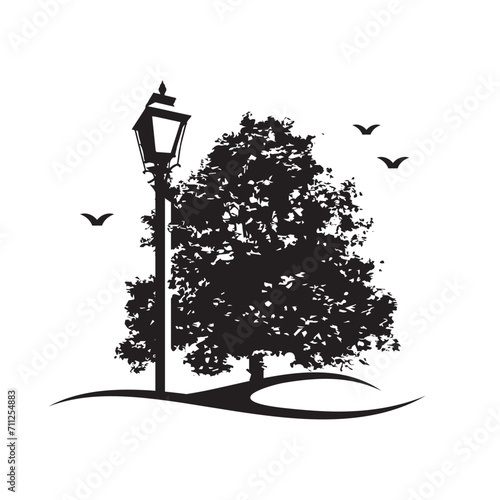 Old school lamp post street with oak tree and birds black and white illustration