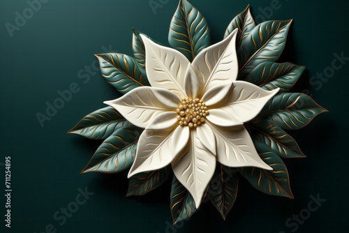 Glittering White and Gold Christmas Holly, on an isolated Emerald Green background, Generative AI 