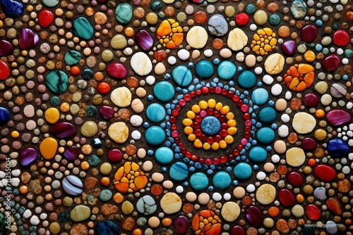 Colorful stones background with a mandala dot painting. Generative AI