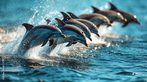 A pod of dolphins leaping in unison out of the water  capturing the grace and playfulness of these intelligent marine creatures