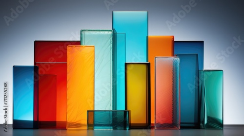 Colored laminated glass sheets stack. Decorative tinted window material sample photo