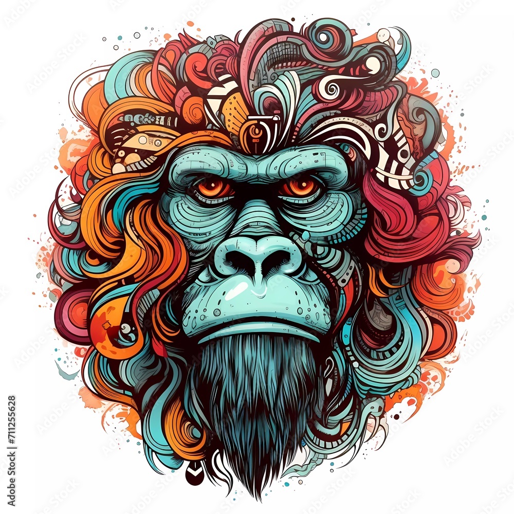 Abstract gorilla head close up with tangled doodle elements. Full color illustrations. generative ai Abstract gorilla head close up with tangled doodle elements. Full color illustrations. generative ai