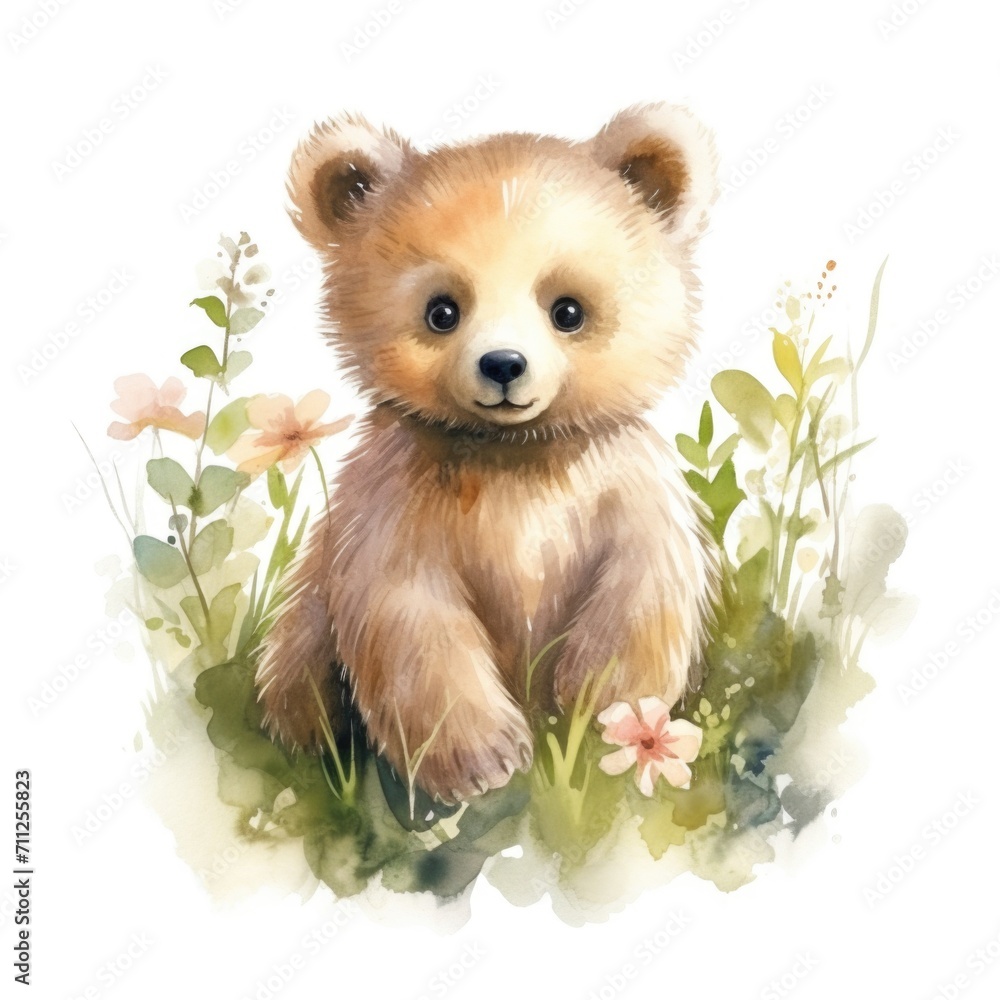 Cute baby bear cub character playing in garden watercolor illustration for children book. Cute baby bear cub character playing in garden watercolor illustration for children book.