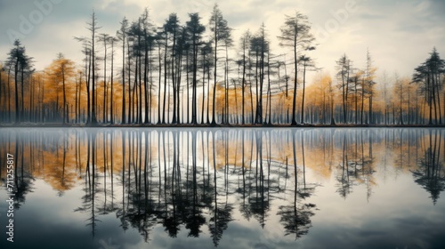 Sunrise Reflection on Calm Lake with Trees © Pix