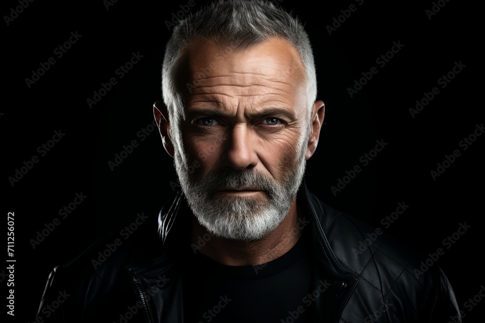 Portrait of an old man in a black leather jacket on a black background. Portrait of an old man in a black leather jacket on a black background.