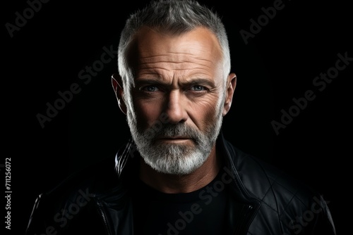 Portrait of an old man in a black leather jacket on a black background.