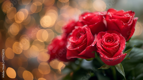 Beautiful bouquet red rose of love wallpapers background with glitter, bokeh lights, romantic and charm atmosphere in background. Valentine concept. © feeling lucky
