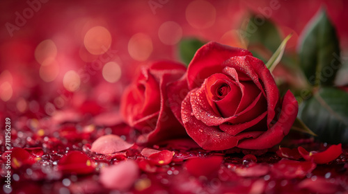 Beautiful two red rose of love wallpapers background with glitter  bokeh lights  romantic and charm atmosphere in background. Valentine concept.