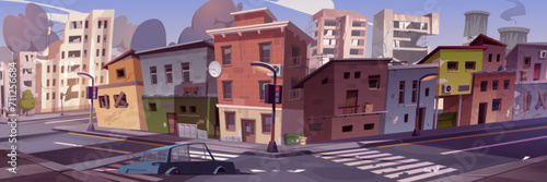 Abandoned ruin city with broken buildings, car and roads. Cartoon vector apocalyptic cityscape with destroyed during war or earthquake street. Creepy town zone dilapidated demolished constructions.