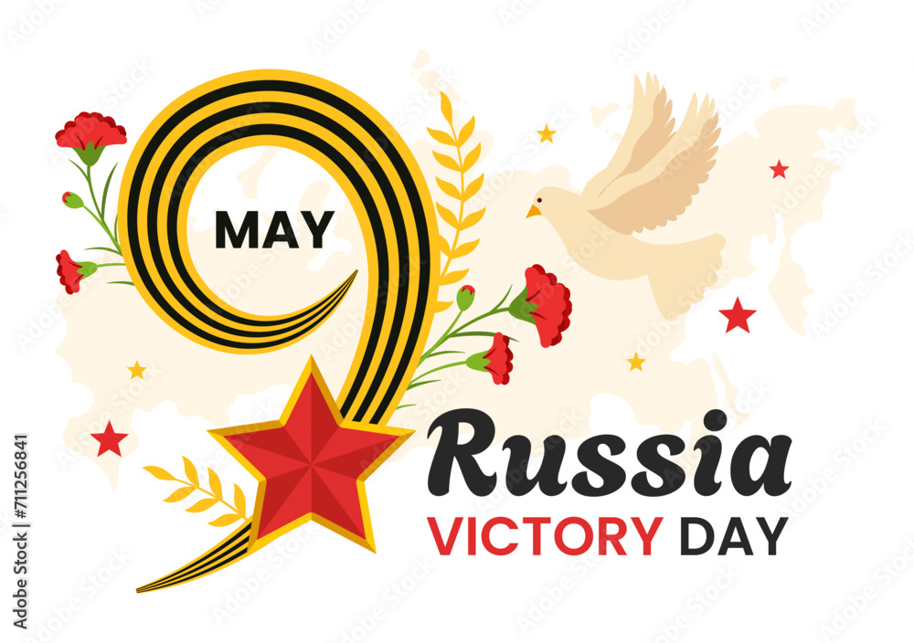 Russia Victory Day Vector Illustration on May 9 with Medal Star Of The Hero, Great Patriotic War and Ribbon Yellow Black Color in Flat Background Russia Victory Day Vector Illustration on May 9 with Medal Star Of The Hero, Great Patriotic War and Ribbon Yellow Black Color in Flat Background