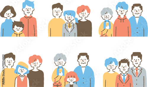 様々な年代の三人家族のセット_色