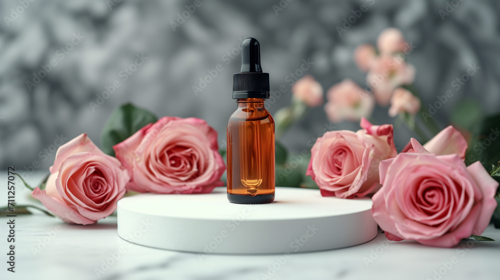 Facial serum in glass dropper bottle on white podium and pink roses on grey background. Natural skin care cosmetic. Beauty routine concept. Minimal composition. Trendy product for branding. Facial serum in glass dropper bottle on white podium and pink roses on grey background. Natural skin care cosmetic. Beauty routine concept. Minimal composition. Trendy product for branding.