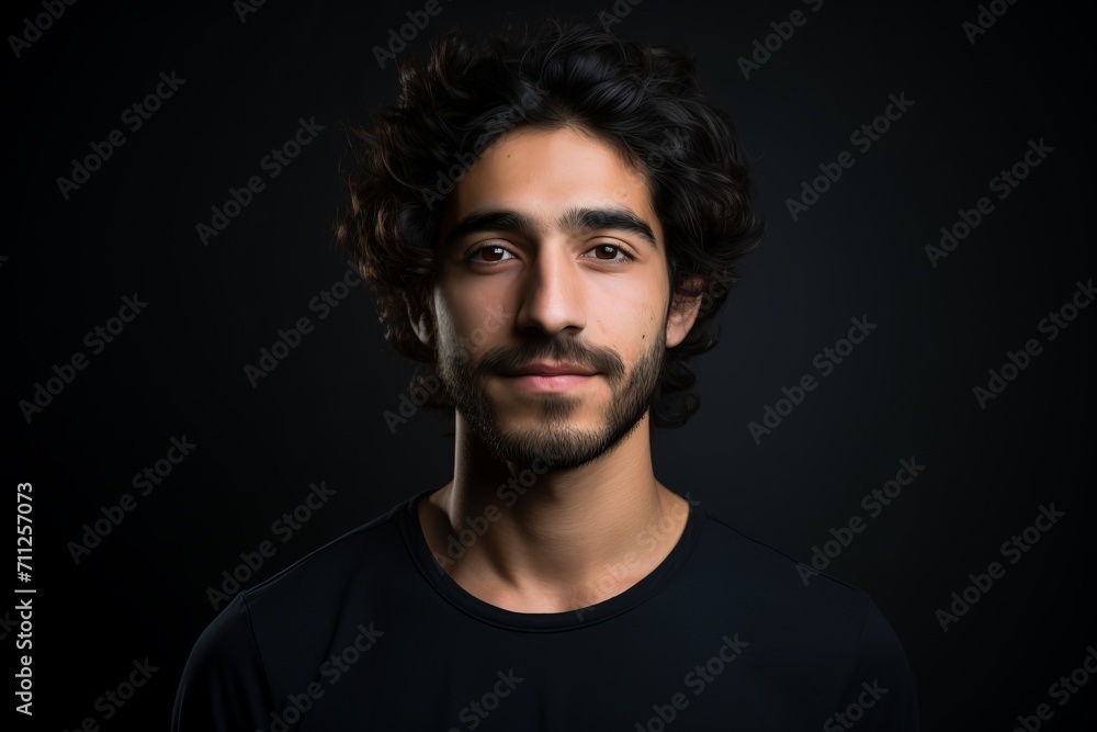 Portrait of a handsome young man with beard on black background.