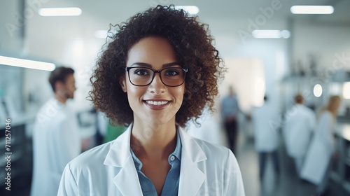 Portrait of a confident female researcher in a white lab coat and glasses, working in a modern medical science laboratory with a team of specialists in the background photo