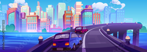 Cars on river bridge against cityscape background. Vector cartoon illustration of modern skyscrapers and city buildings, autos driving flyover road above water, green trees, blue sunny sky with clouds