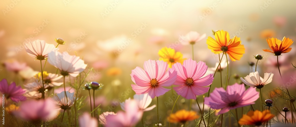 Cosmos flowers in vibrant colors blooming under sunny sky in open field