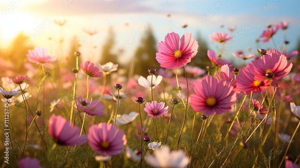 Obraz premium Cosmos flowers in vibrant colors blooming under sunny sky in open field
