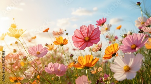 Cosmos flowers in vibrant colors blooming under sunny sky in open field