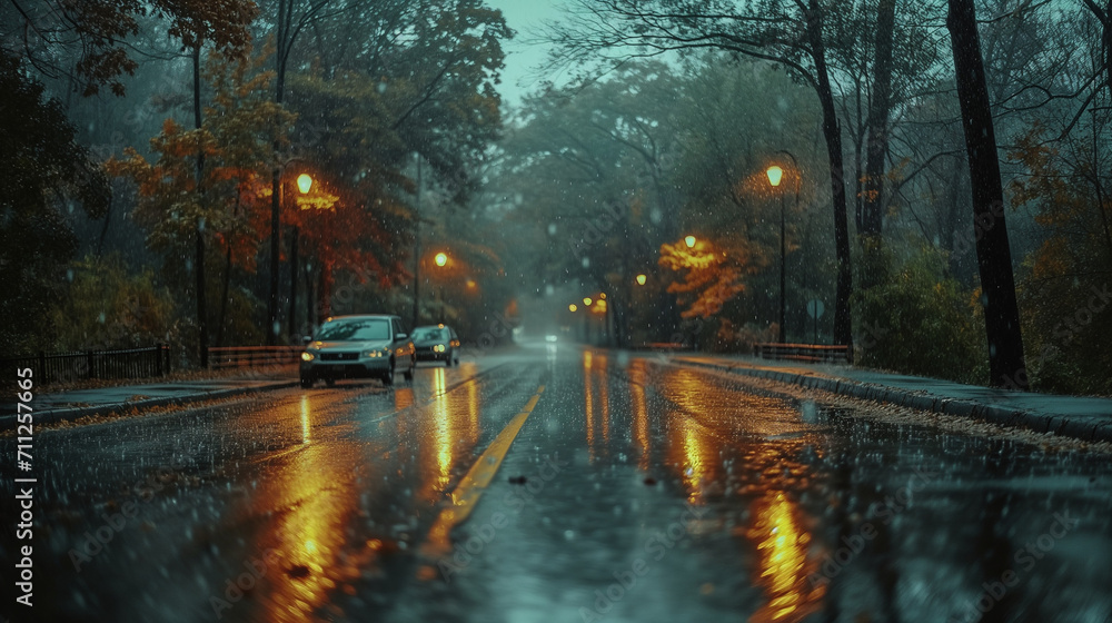 Road scene on a rainy day with cars passing by