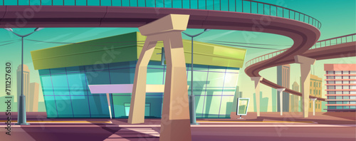 Modern city building and flyover road. Vector cartoon illustration of glass shopping mall entrance, overpass highway, cityscape background with skyscrapers, zebra crossing sign on asphalt, power lines
