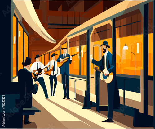 Street performers entertaining in a subway vektor illustation