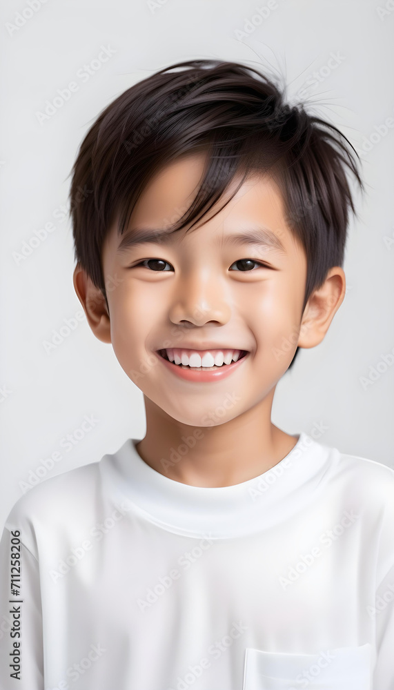White background photo of portrait of cute Asian boy model smiling with perfect clean teeth. For advertising, web design, etc. White background photo of portrait of cute Asian boy model smiling with perfect clean teeth. For advertising, web design, etc.