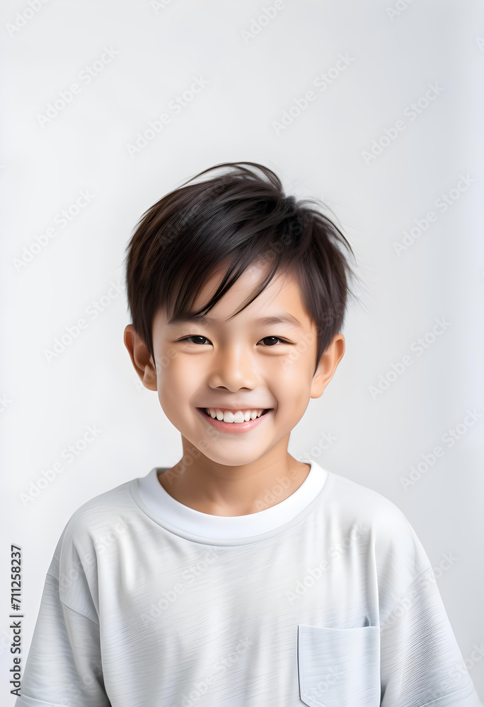 White background photo of portrait of cute Asian boy model smiling with perfect clean teeth. For advertising, web design, etc. White background photo of portrait of cute Asian boy model smiling with perfect clean teeth. For advertising, web design, etc.