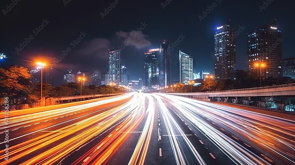 Time lapse of cars with light trails in a modern city at night. Abstract motion blur and soft glowing lines of transportation.