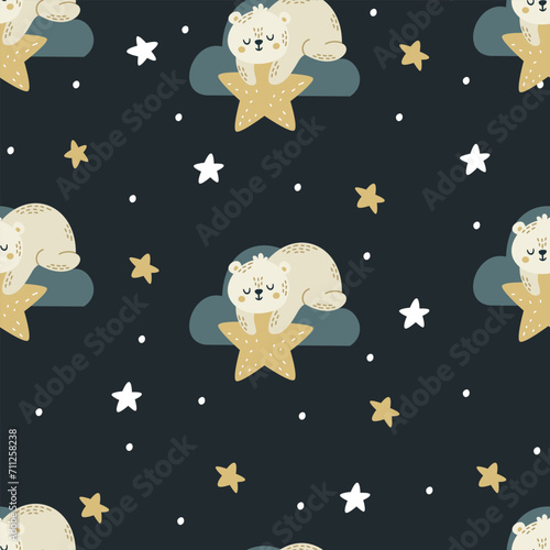 Seamless vector pattern. Cute bear sleeping on a cloud and holding a star. Moon and stars  night sky . Vector illustration
