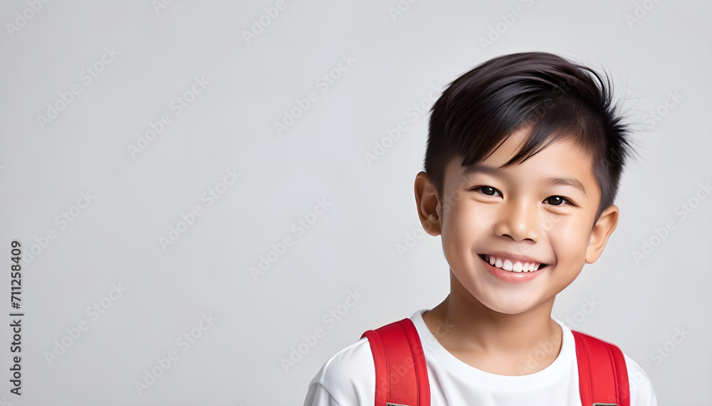 White background photo of portrait of cute Asian boy model smiling with perfect clean teeth. For advertising, web design, etc. White background photo of portrait of cute Asian boy model smiling with perfect clean teeth. For advertising, web design, etc.