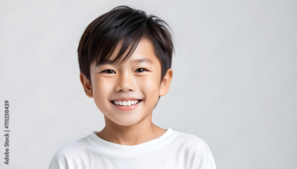 White background photo of portrait of cute Asian boy model smiling with perfect clean teeth. For advertising, web design, etc. White background photo of portrait of cute Asian boy model smiling with perfect clean teeth. For advertising, web design, etc.