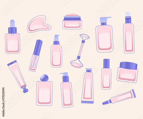 Skincare and beauty tool illustrations icon set. Face wash, serum, toner, moisturizer, guasha, jade roller, sheet mask, etc. Editable vector.
