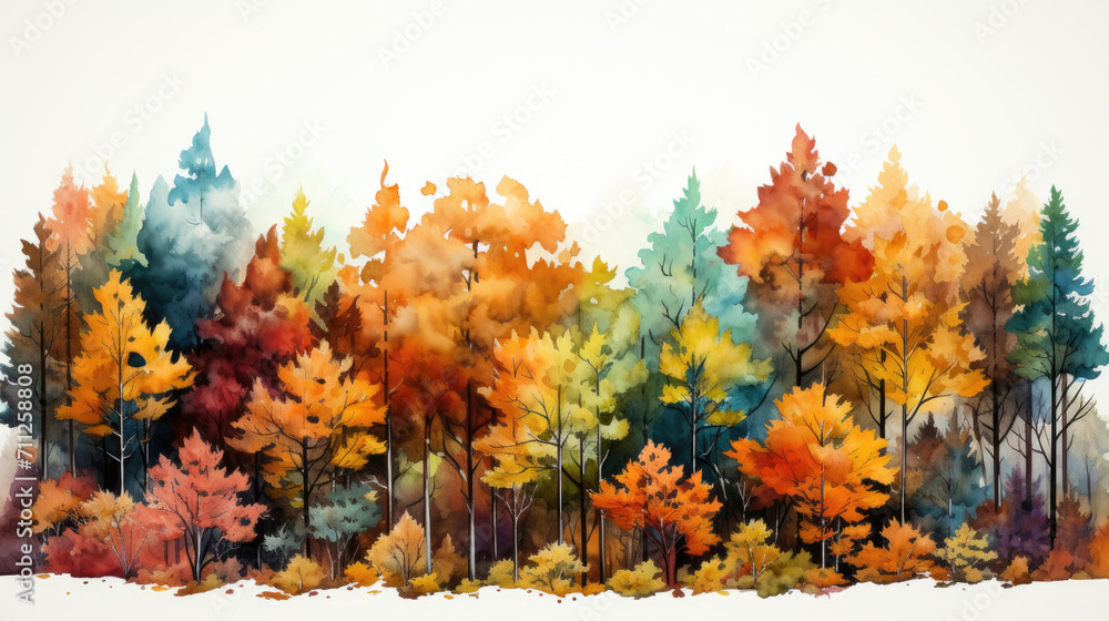 watercolor forest with trippy colors and patterns, perfect for autumn designs,Illustration of a painting of a forest with trees and a stream. This serene artwork is suitable for nature-themed designs,