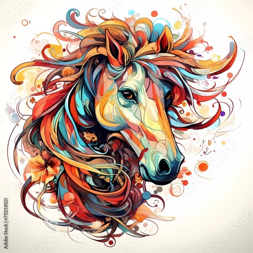 Abstract horse head close up with tangled doodle elements. Full color illustrations. generative ai