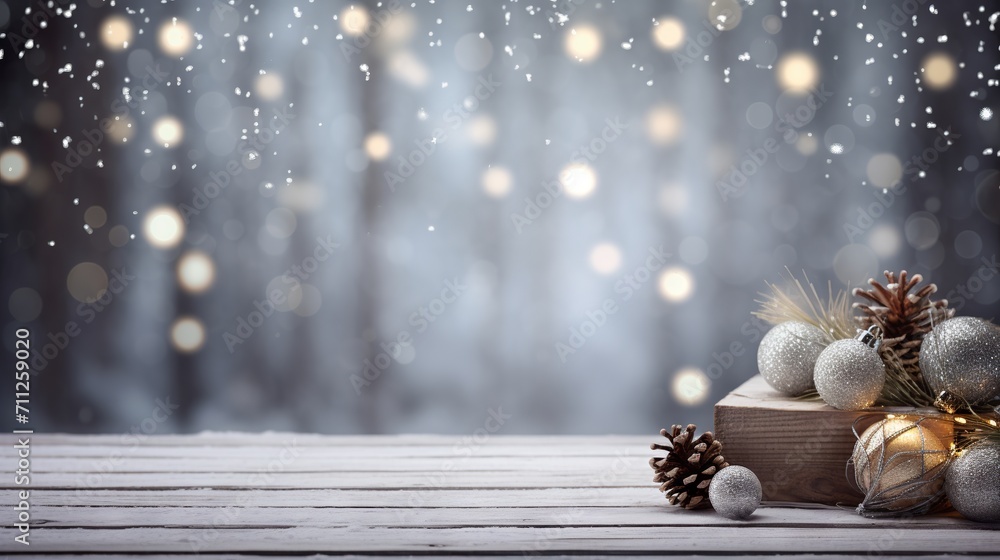 Fototapeta premium Christmas composition with wooden white rustic background and bokeh effect. Copy space for text. Banner backdrop for holiday greeting cards.