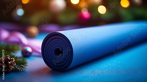 Blue yoga mat in cozy home setting with Christmas and New Year decorations, symbolizing wellness, fitness, and positive goals