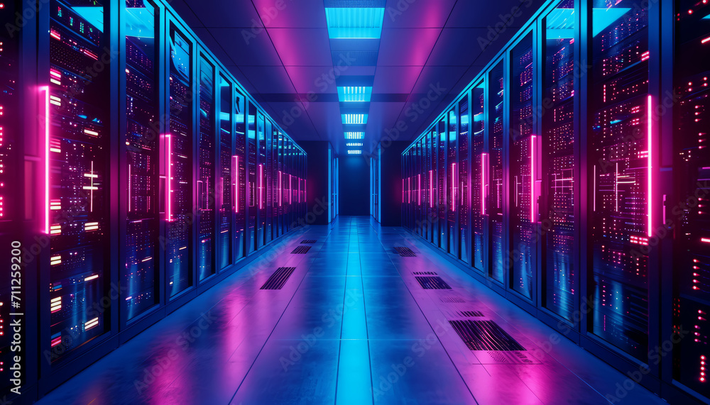Fototapeta premium Illuminated data server center with rows of server racks in a technology environment,AI generated