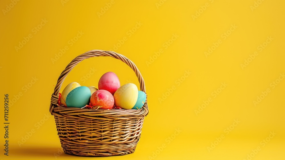 easter basket with colorful eggs isolated on yellow background with copyspace - obrazy, fototapety, plakaty 