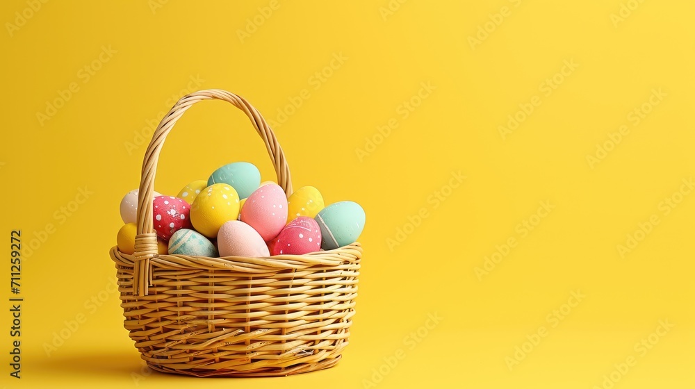 easter basket with colorful eggs isolated on yellow background with copyspace