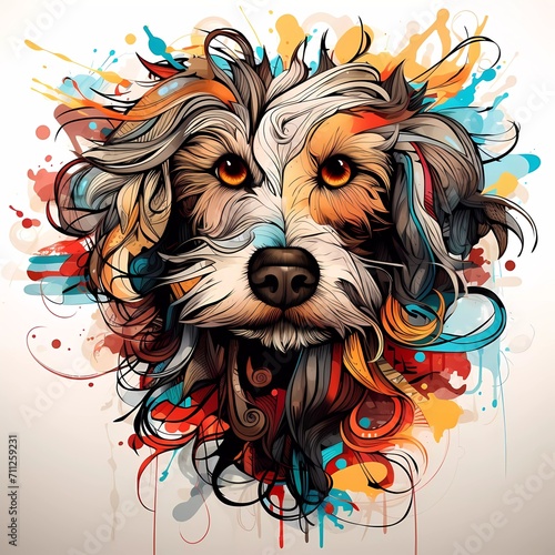 Abstract dog head close up with tangled doodle elements. Full color illustrations. generative ai