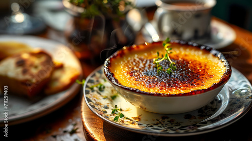 Creme brulee with caramelized sugar and thyme. French cuisine. photo