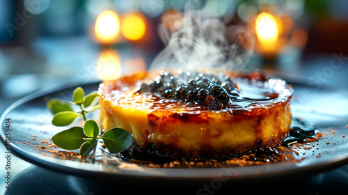Creme brulee or creme brulee with chocolate sauce and blackberries photo