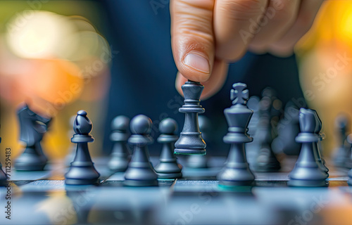 Close-up of Businessman hands moving chess piece on chess board game