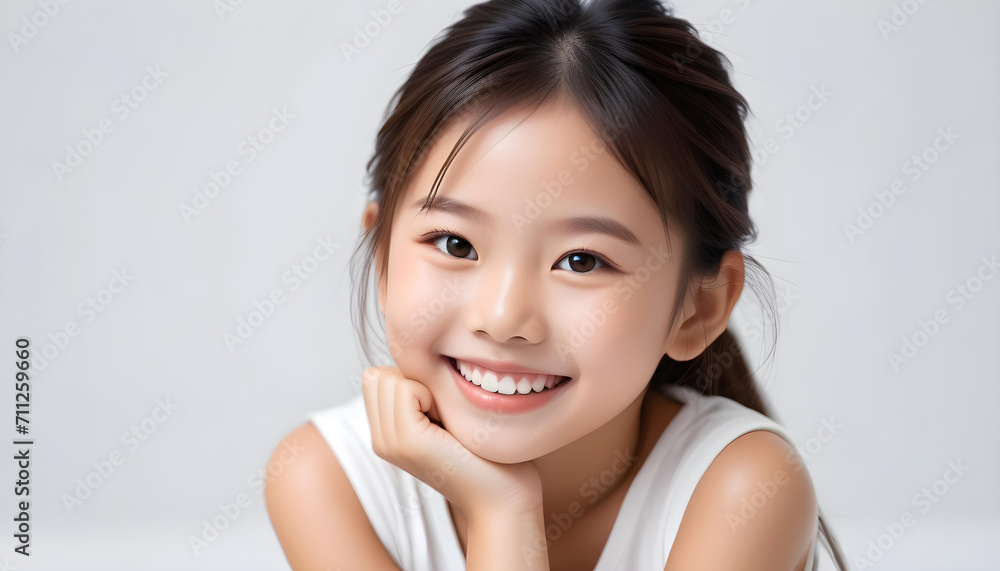 White background photo of portrait of cute Asian girl model smiling with perfect clean teeth. For advertising, web design, etc. White background photo of portrait of cute Asian girl model smiling with perfect clean teeth. For advertising, web design, etc.