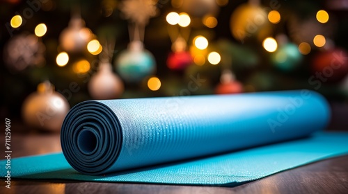 Blue yoga mat in cozy home setting with Christmas and New Year decorations, symbolizing wellness, fitness, and positive goals