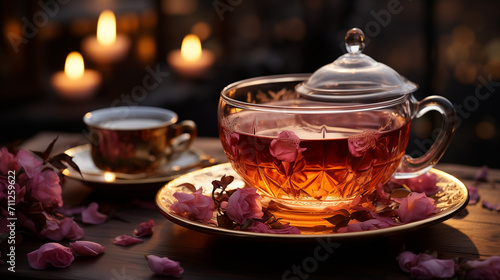 Tea on a Cozy Evening Outside with Warm Rose Petal Warm Autumn Tea Service on a Wooden Table 