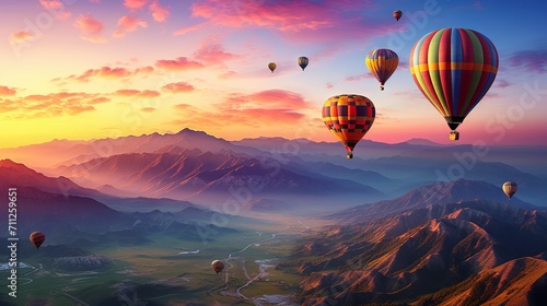 Hot air balloons flying over snow-capped mountains and colorful sky at sunset