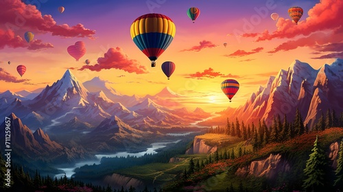 Hot air balloons flying over snow-capped mountains and colorful sky at sunset © Ameer