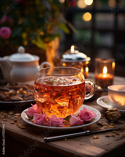 Tea on a Cozy Evening Outside with Warm Rose Petal Warm Autumn Tea Service on a Wooden Table 